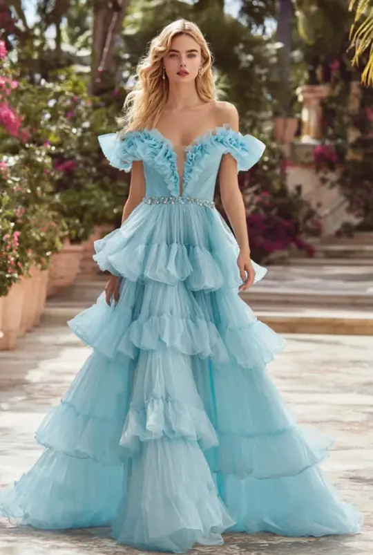 French Chic Pale Blue Ruffled A-Line V-neck Corset Maxi Evening Dress Prom Dress RS550