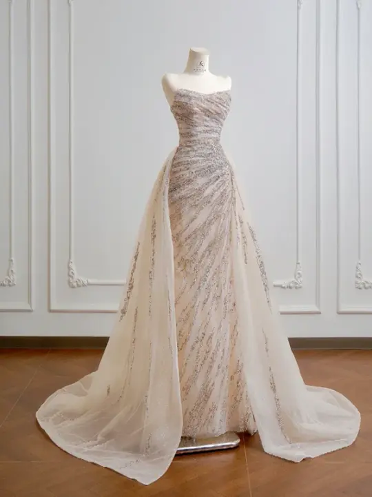 Nude pink strapless fitted waist bodycon long ball gown R8186