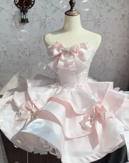 Lovely Blush Pink Ruffled Homecoming Dress ,A-Line Strapless Bowknot Corset Cute Princess Dress RS976