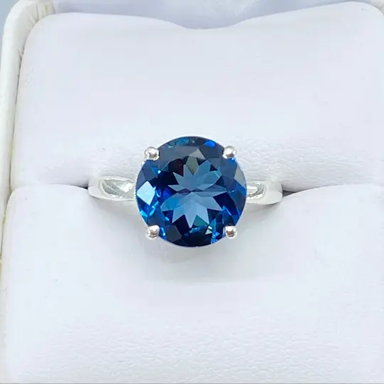 London Blue Topaz Ring, Size 9, Round Cut, K Ring, Art Nouveau Filigree, D4 - Ready to Ship
