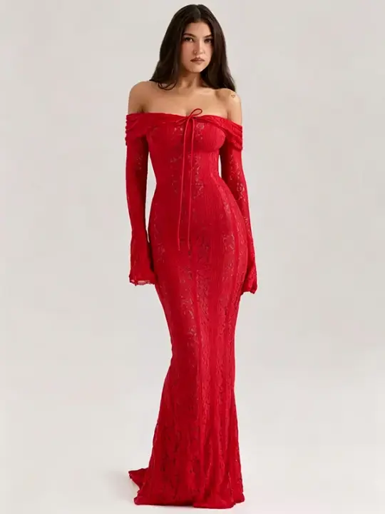 Red Lace Off-Shoulder Maxi Dress with Long Flare Sleeves R9135