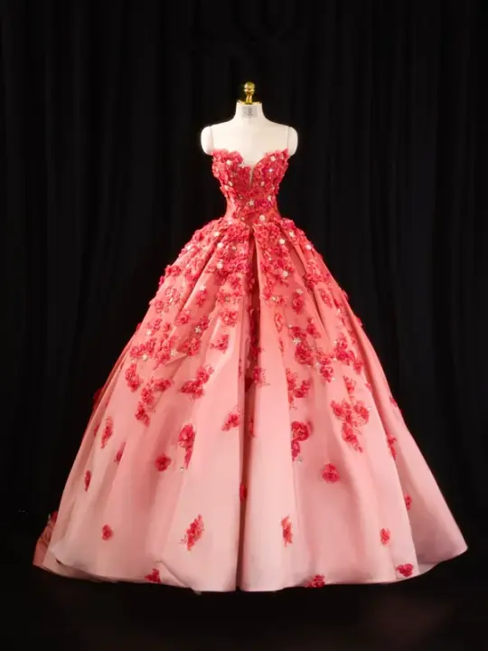 Red strapless, fitted waist, full skirt, long ball gown, bridal dress R8921