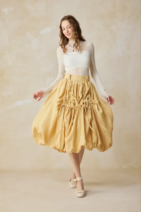 Camellia Bubble 22 | Drawstring Bubble Linen Skirt