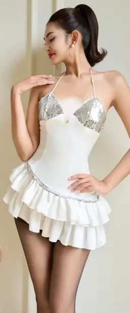 White suspenders slim waist sexy pleated skirt short skirt homecoming dress R4480