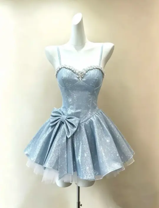 Charming Blue Beaded Homecoming Dress ,A-Line Spaghetti Straps Glitter Cute Princess Dress RS952