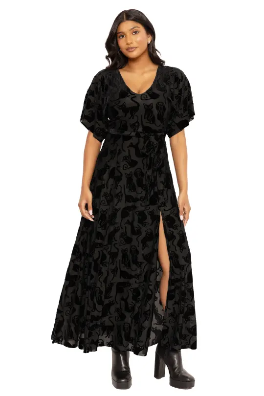 Burned Velvet Cats Kimono Maxi Dress
