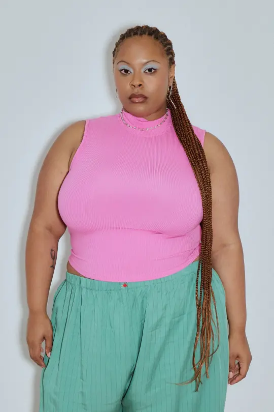 Mock Neck Tencel Rib Tank Pink