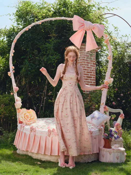 French Sweet Printed Strapless Fishbone Pink Slimming Dress R5106