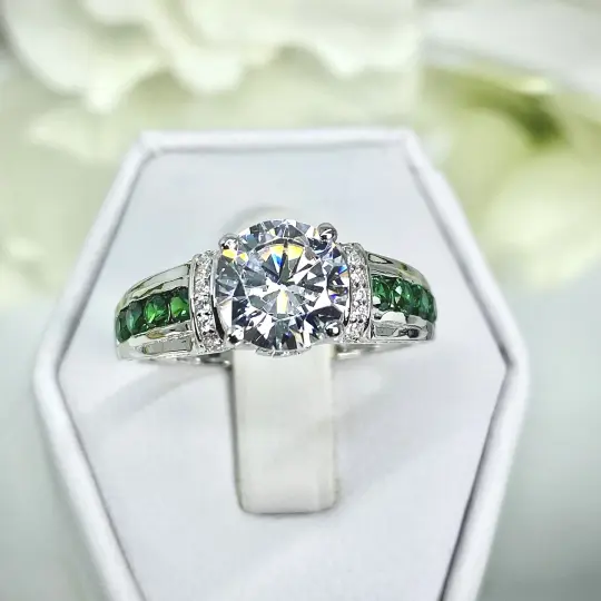 White CZ Ring, Size 6, faux Diamond and Emerald Green Inlay Gems, Art Deco Jewelry #D220 - Ready to Ship