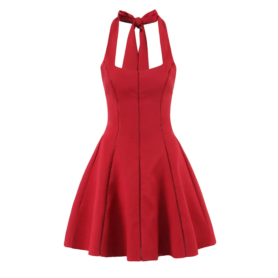 Hot girl temperament retro niche halter neck lace-up backless dress female slim fluffy short skirt R3040