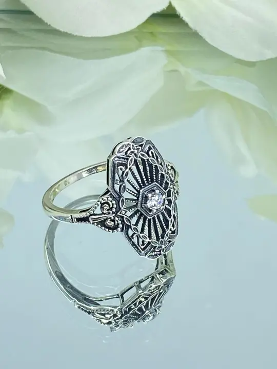 Vintage Style CZ Ring, Size 5, Round Gem, Debut, Victorian Sterling Silver Filigree, D588 - Ready to Ship