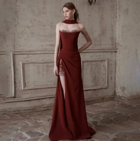 French Chic Burgundy Prom Dress ,Mermaid Strapless High-slit Bodycon Maxi Evening Dress RS774