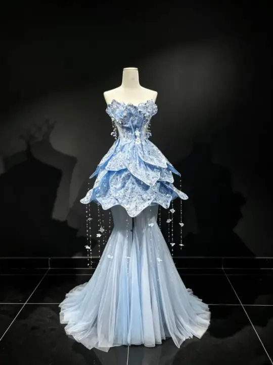 Beaded Tassel Decor Corset Prom Gown ,  High End Navy Maxi Evening Dress Birthday Dress RS1857