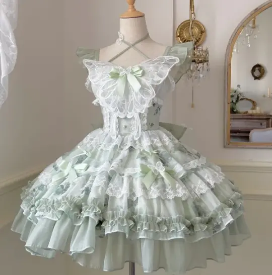 Fresh Green Ruffled Homecoming Dress ,A-Line Square Lace Trim Corset Cute Princess Dress RS856