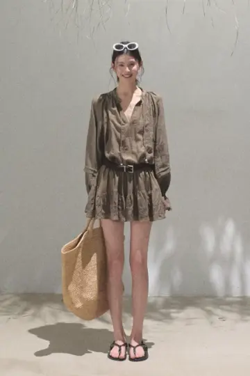 Bohemian Style White/Olive Green V-Neck Long Sleeve Mini Dress with Waist Tie R9362