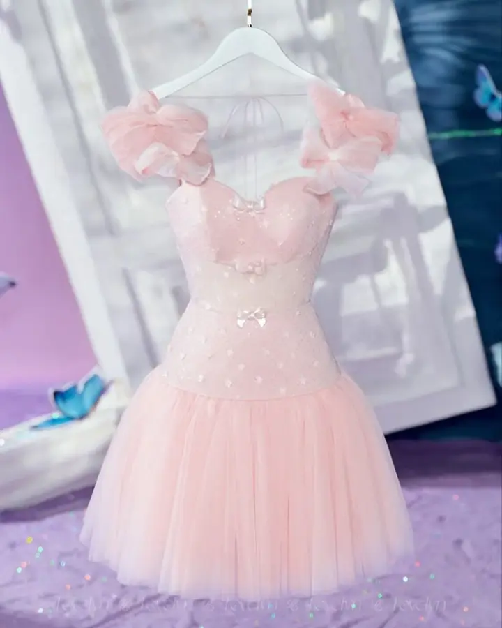 Pink girly bow suspenders waist slimming A-line short skirt homecoming dress R3360