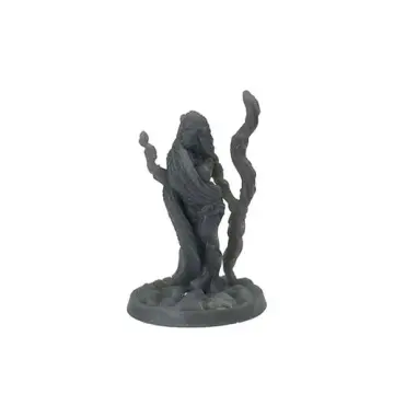 Unpainted 32mm 3D-printed female druid mid-spell with sculpted vines rising from the base around her — tabletop RPG miniature for D&D, Pathfinder & wargaming
