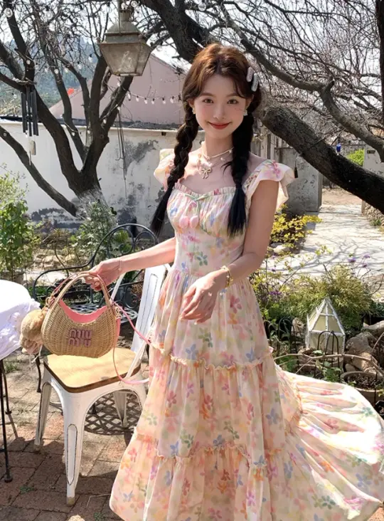 Long square neck small flying sleeve waist printed A-line dress summer French skirt R4905