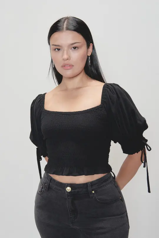 5 left - Smocked Blouse Soft Linen Black