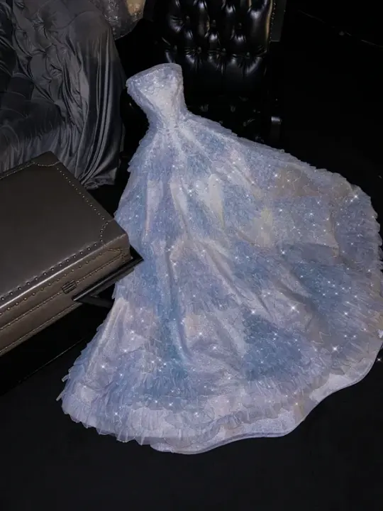 Light blue strapless, fitted waist, full skirt, long ball gown, bridal dress R8768