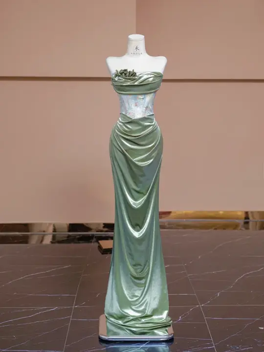 Olive green strapless waist-cinching sexy long ball gown R8334
