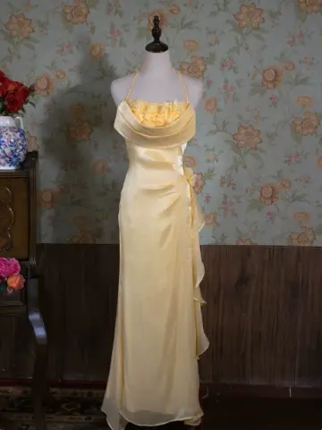 French Chic Bright Yellow Ruffled Mermaid Halter Applique Corset Maxi Prom Dress Evening Dress RS476