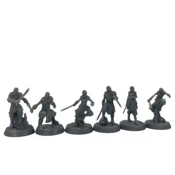 Unpainted 32mm 3D-printed cultist warband of six robed fanatics with curved swords, tabletop RPG miniatures for D&D and Pathfinder