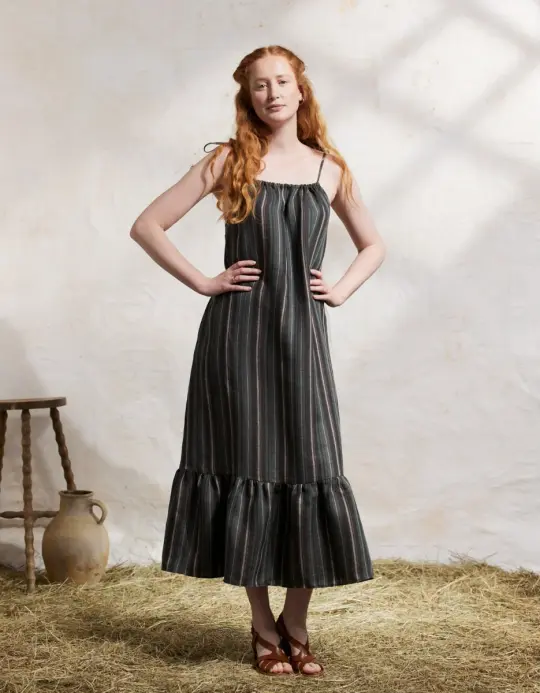 Robe 'Lina' en lin naturel rayé marron et vert