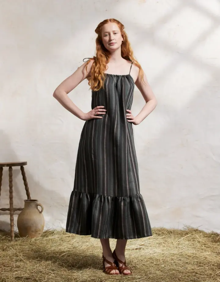 Robe 'Lina' en lin naturel rayé marron et vert