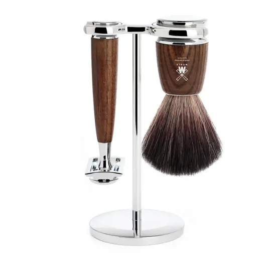 MÜHLE RYTMO 3 Pc. Shaving Set, Black Fibre Brush & Safety Razor, Steamed Ash