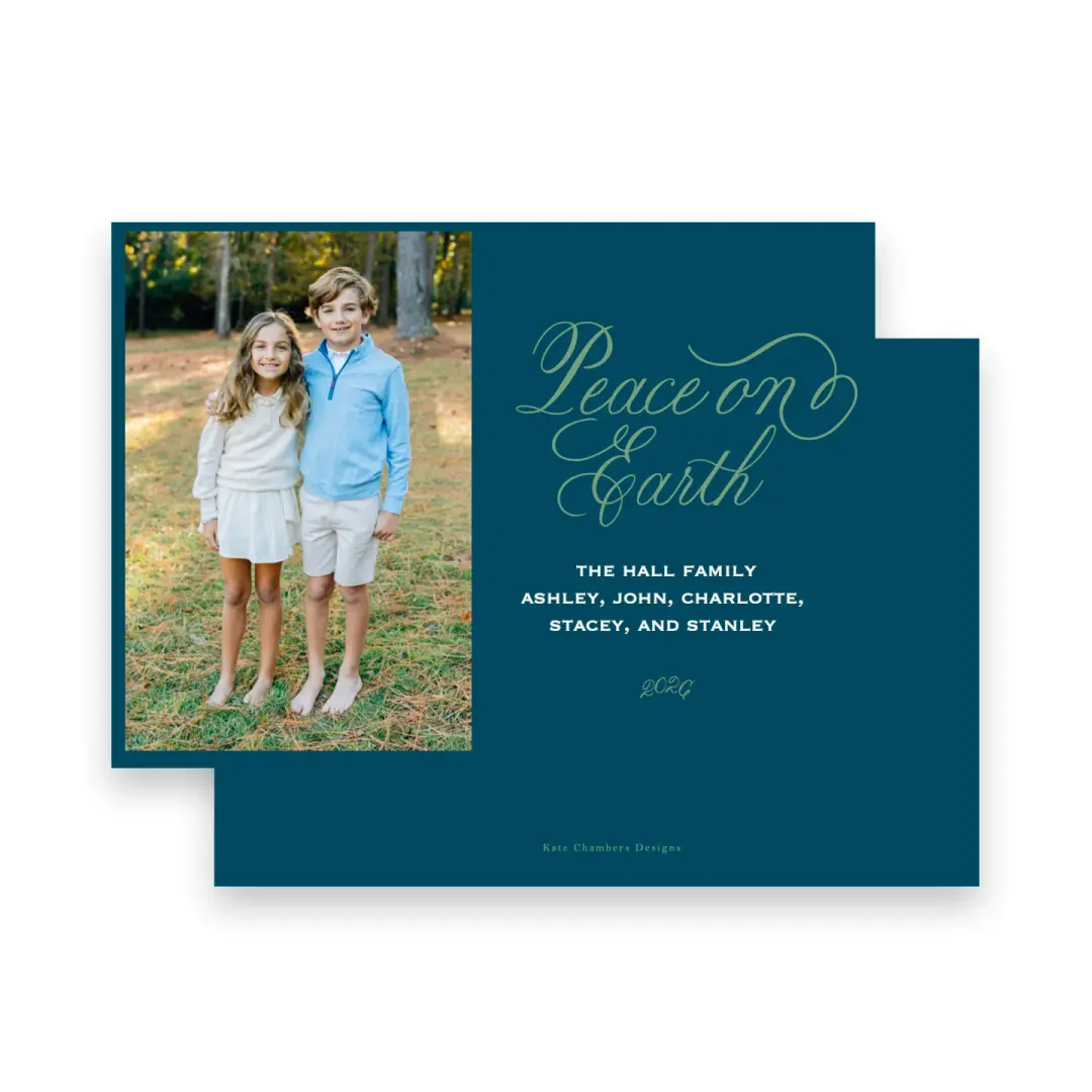 Park green on teal blue "Peace on Earth" Holiday Card