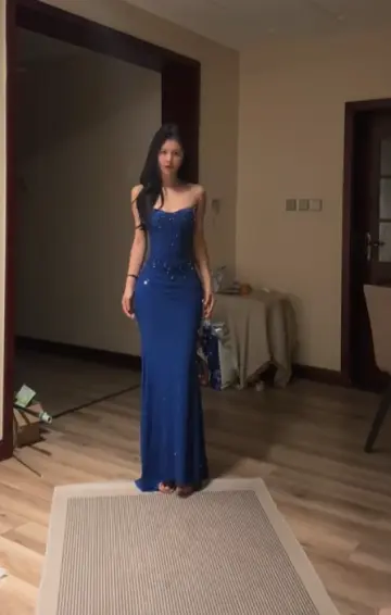 Dark blue strapless fitted waist bodycon sexy ball gown R8066