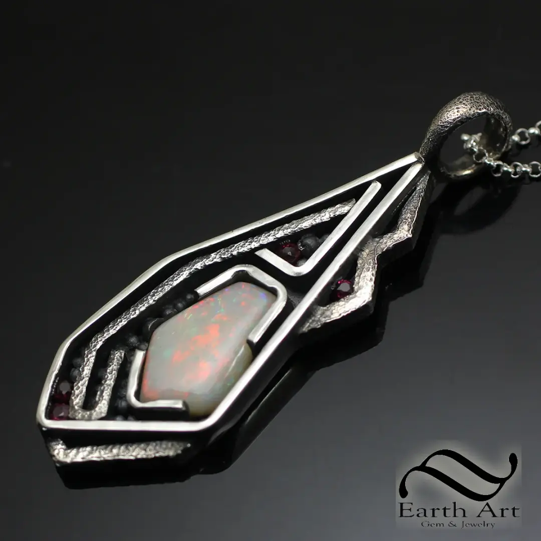 Australian opal and Ruby in Abstract Pendant - Sterling Silver