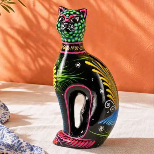 Hand-Painted Xalitla Cat Piggybank Sculpture