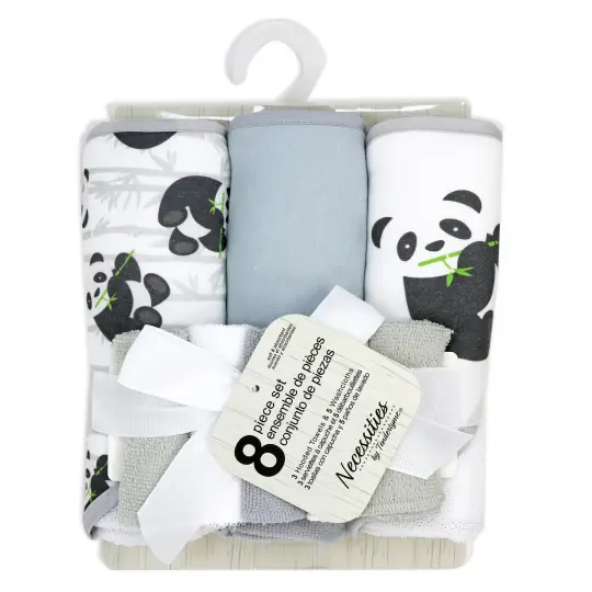 necessities by tendertyme 8 Piece Hooded Bath Towel and Washcloth Set, Pandas
