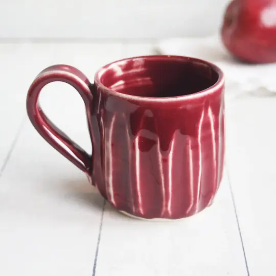 Hand Carved Grooved Pottery Mug in Ox Blood Glaze, Creative Coffee Cup Made in USA (B)