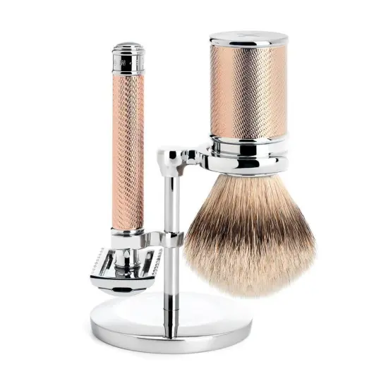 MÜHLE TRADITIONAL 3 Pc. Shaving Set, Silvertip Badger Brush & Safety Razor, Rose Gold-Plated Metal, Open Comb