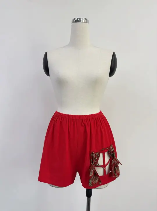 SAMPLE #387 - S Soft Linen Window Pane Shorts - Red