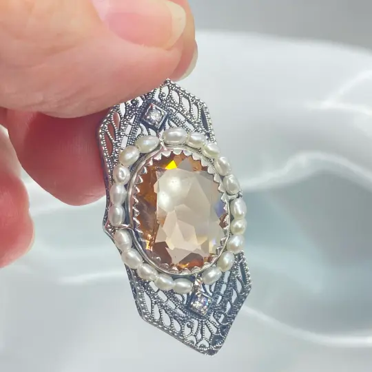 Peach Topaz Pendant, Art Deco 1930's Jewelry #P156 - Ready to Ship