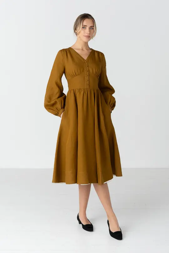 Diane – V-Neck Linen Midi Dress