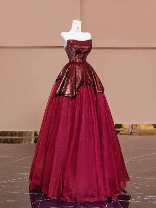 Deep red strapless, fitted waist sequined red ball gown with a full skirt, bridal dress R8360