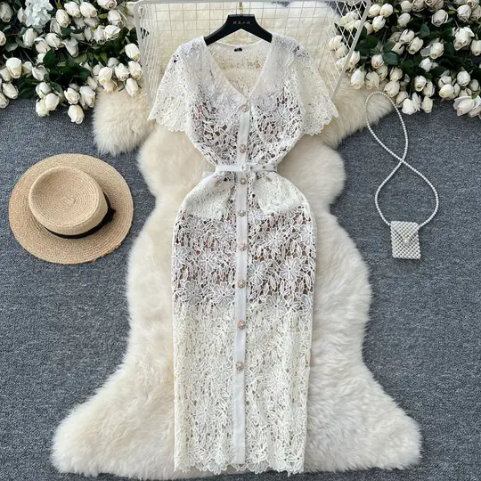 Chanel style dress with short sleeves, short-sleeved, single-breasted lace crochet long skirt R2300