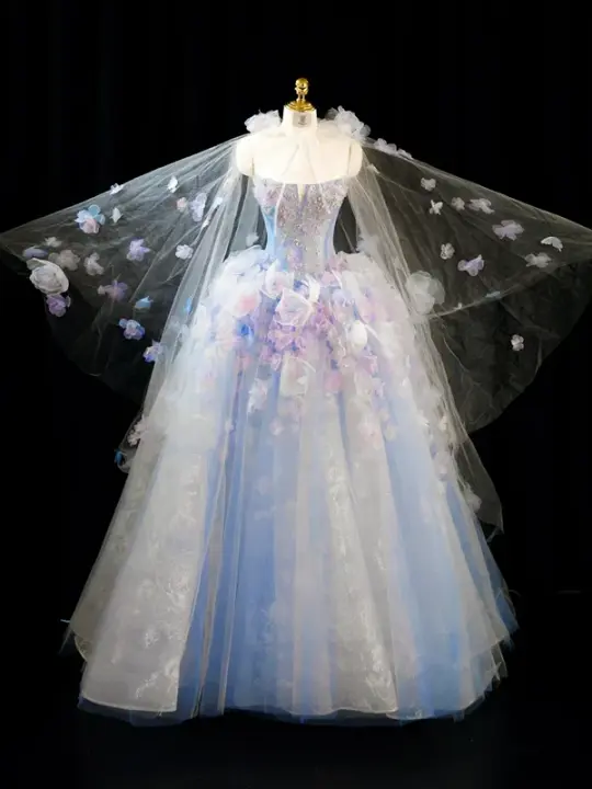 Light blue strapless, fitted waist, full skirt, long ball gown R8939