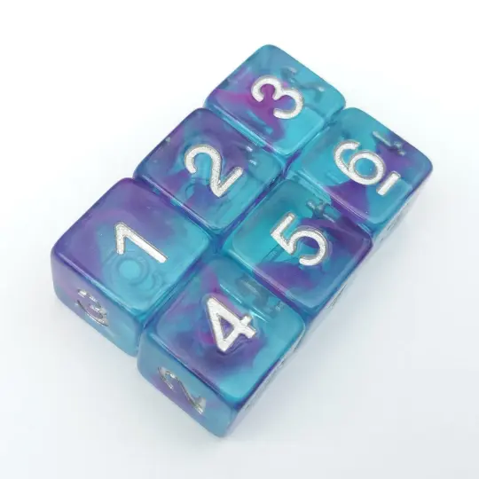 Aquarium Ribbon D6 Set – 6 Blue Purple Ocean Dice for DnD Warhammer TTRPG