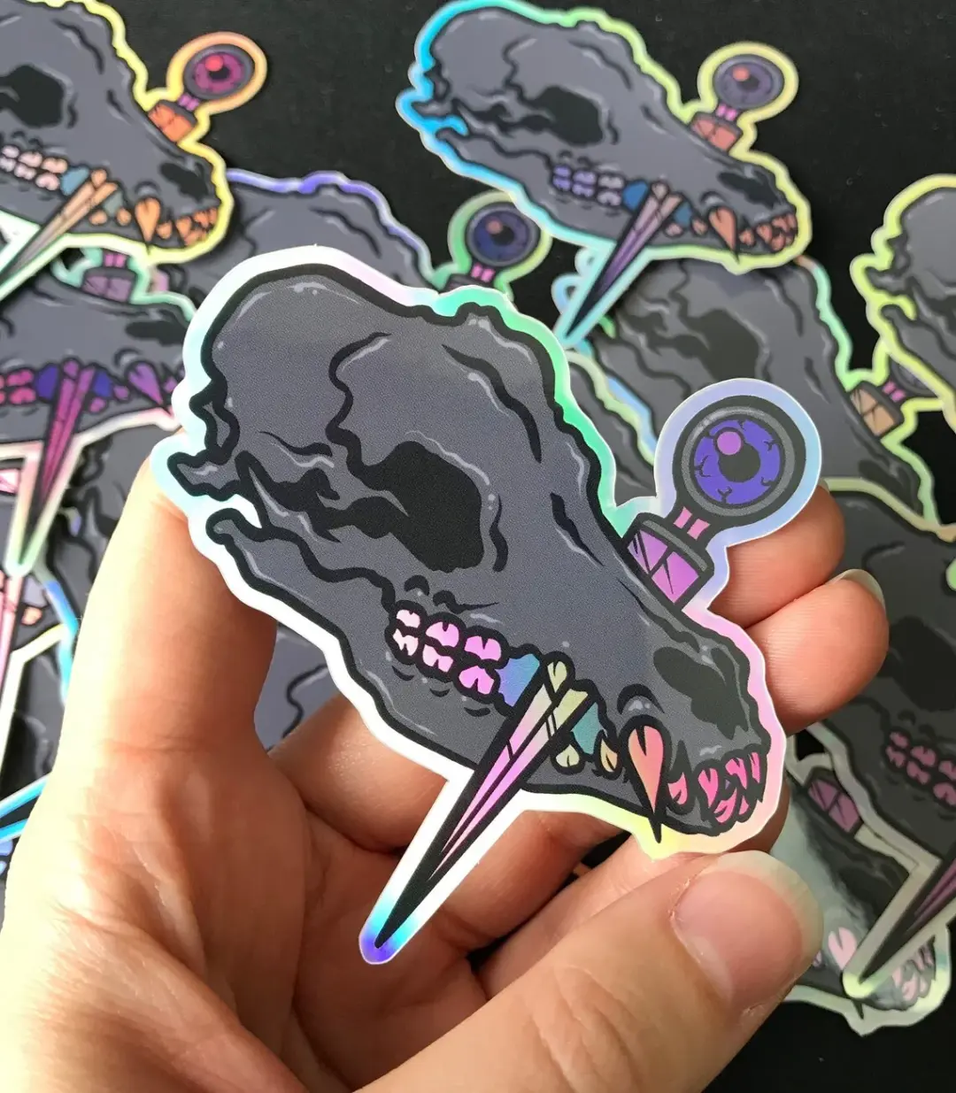 Dog Skull & Dagger Holographic Vinyl Sticker