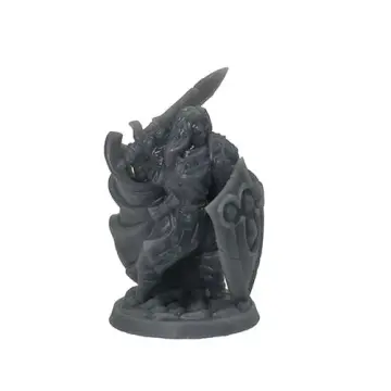 Unpainted 32mm 3D-printed armoured paladin with his greatsword shouldered and a heavy bossed shield — tabletop RPG miniature for D&D, Pathfinder & wargaming