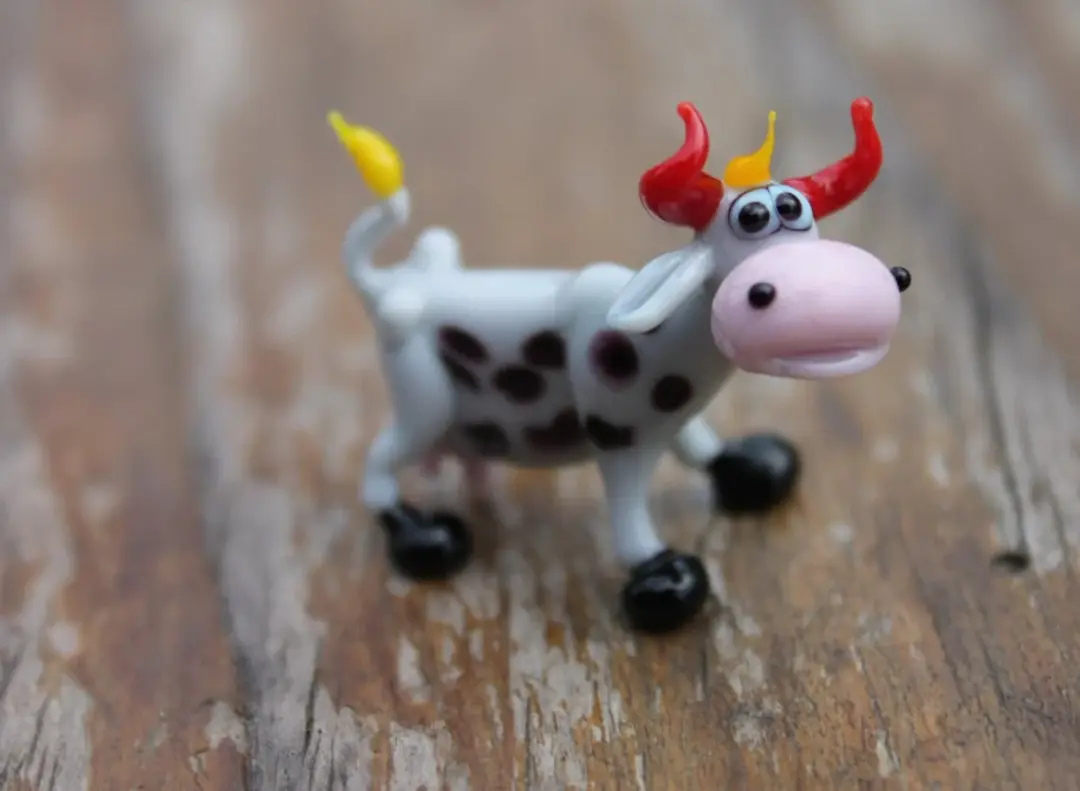 Blown Murano Glass Cow Figurine In Black And White With Red Horns
