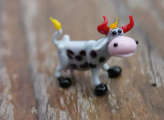 Blown Murano Glass Cow Figurine In Black And White With Red Horns