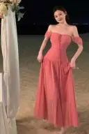 Pink one-shoulder slim waist long skirt homecoming dress R3227