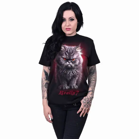 Angry Cat Front Print T-Shirt - Anger Management Black Unisex Tee - Funny Cat Shirt